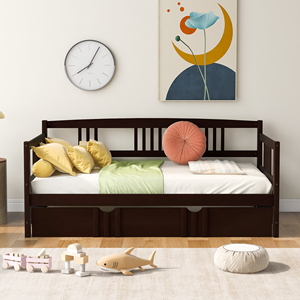 Cama nido doble de madera con cama nido extraíble, color espresso, para niños, con almacenamiento - Product Image 1