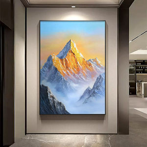 Hand Painted Textured Oil Painting Golden Mountain Reflecting Water Rectangle Black <b>Frame</b> Modern Minimalist Living Room Wall Art - Product Image 2