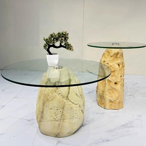 Tavolino da Caffè con Base in FRP Ispirata alla Pietra, Design Organico Minimalista con Finitura Beige e Piano in Vetro Temperato <span class=keywords><strong>per</strong></span> <span class=keywords><strong>Soggiorno</strong></span> in Stile Wabi Sabi - Product Image 4