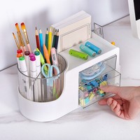 Support de rangement en plastique multifonctionnel à 2 tiroirs pour maquillage et cosmétiques Porte-stylo rotatif pour l'organisation de la maison et du bureau