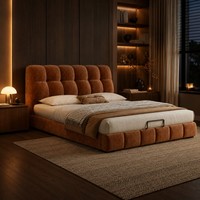 Cadre de lit en tissu marron taille Queen avec rangement à ouverture latérale pour mobilier de chambre