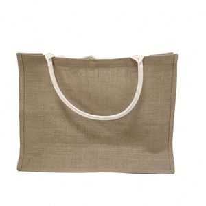 Sac fourre-tout en jute de haute qualité, écologique, avec logo imprimé, blanc naturel, poche épaisse, grand sac en toile de jute pour le week-end, vente en gros en ligne - Product Image 4