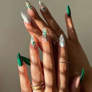 Nouveau mode 24 pièces/boîte ballerine cercueil vague verte avec pointe française blanche ongles manucure bâton sur ongles