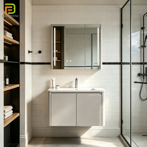 <span class=keywords><strong>Meuble</strong></span> de salle de bain mural moderne en PVC étanche avec miroir LED anti-buée, ensemble de <span class=keywords><strong>meuble</strong></span>-lavabo simple pour projet - Product Image 1