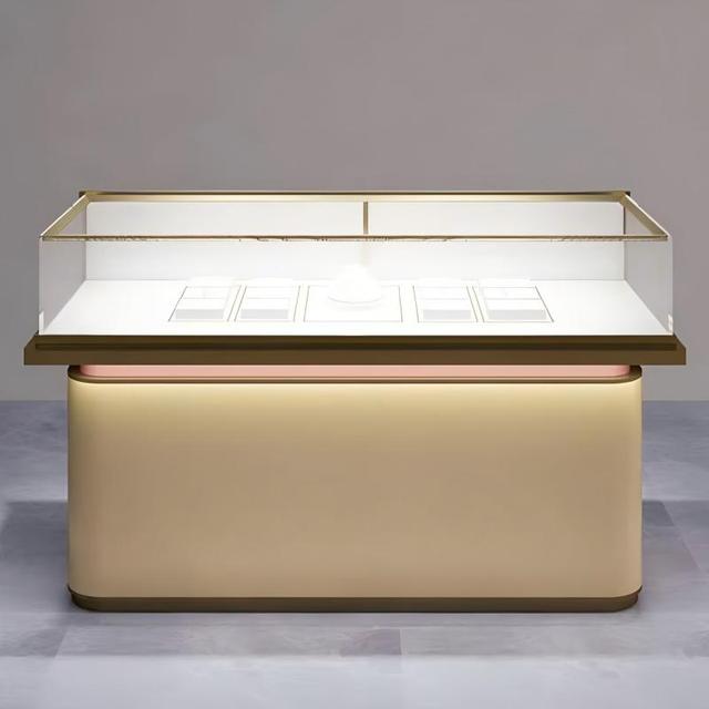 Luxury Gold Metal Jewelry Display Showcase LED Light Glass Retail Store Cabinet with Drawers