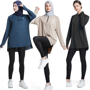 2026 Loose Fit Tunic Gym Shirt Active Wear Quick-Dry Half-Zip Activewear for Running Yoga Long Sleeve Muslim Top Sports Wear