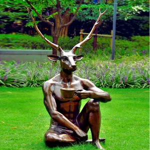 Modern Art Garden Decor Bronze Animal Head Person Sculpture Outdoor Metal Animal Head And Human Body Statue For Sale