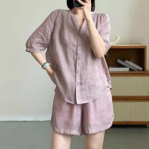 <b>Linen</b> Cotton Women's Shorts <b>Set</b> Three Quarter Sleeve Button Front Casual Summer Outfit Solid Color Plus Size - Product Image 2