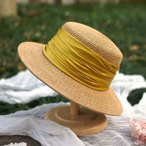 Wholesale Female Straw <b>Hat</b> With Satin Ribbon Wide Brim Sun Beach <b>Hat</b> <b>Summer</b> French Flat Top Bowler Straw <b>Hat</b> - Product Image 2
