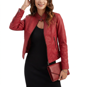 Women's Winter <b>Leather</b> <b>Jacket</b> Red Stand Collar Full Zip Genuine <b>Leather</b> Moto Streetwear Fashion <b>Jacket</b> - Product Image 1
