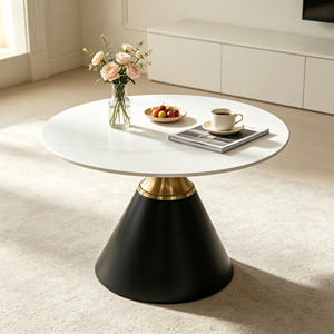 Table d'appoint ronde de luxe, plateau en pierre frittée blanche, base conique noire, table de salon, table d'appoint d'hôtel - Product Image 5
