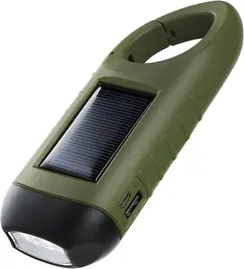 Engkol Tangan Solar Dinamo Senter Isi Ulang Output Darurat LED Mini Gantungan Kunci Snap Klip Ransel Senter Berkemah Luar Ruangan