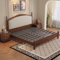Lit en bois massif de style campagnard français vintage, tête de lit capitonnée incurvée, cadre de lit plateforme robuste pour chambre à coucher Queen et King