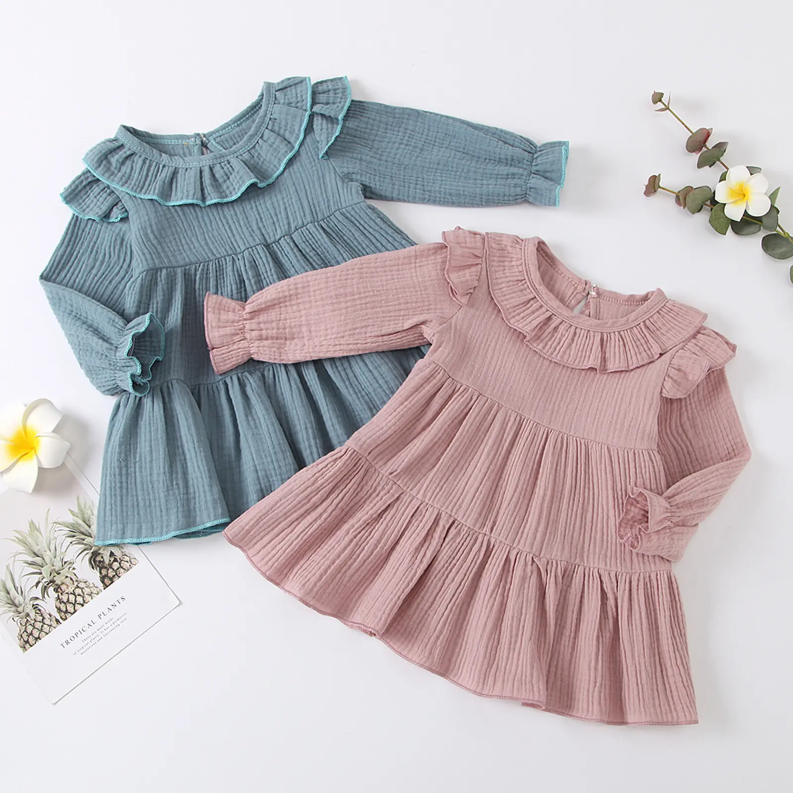 Q20855 Custom muslin baby sundress Sailor Collar Long Lantern Sleeve Ruffle Linen Dress Kids Fall Dresses Clothes