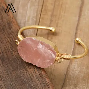 Fashion Pink Crystal Healing Bangle Natural Rose Quartz Wire Wrapped Charm Open Cuff Bracelet Jewelry Lady Teengirl Gift