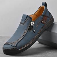 Sepatu Musim Panas Pria Kasual Kulit Asli Jahitan Tangan Gaya Slip-on Ritsleting Samping Pakaian Kerja Retro Tahan Aus Warna Solid