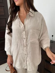 Traje de mujer de <span class=keywords><strong>lino</strong></span> y algodón de dos piezas Europeo Americano 2024, conjunto de camisa informal elegante con botones a la moda para verano y otoño - Product Image 5
