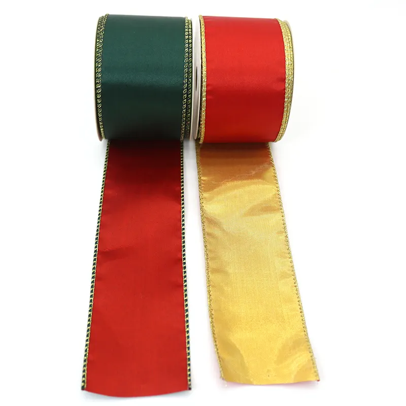 Großhandel Farbe Rot Gold Grün Craft Wrapping Wired Edge Ribbon 2,5 Zoll Weihnachten Samtband