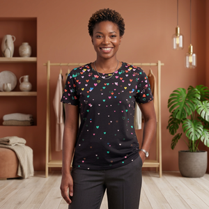T-shirt à manches courtes noir pour femme avec imprimé cœurs colorés, col rond, décontracté, en coton tricoté, coupe classique, toutes saisons - Product Image 2