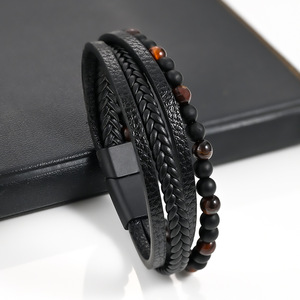 <span class=keywords><strong>Bracelet</strong></span> en <span class=keywords><strong>Cuir</strong></span> Tressé Multicouche Haut de Gamme pour <span class=keywords><strong>Homme</strong></span> avec Perles en Pierre Naturelle, Fermoir Magnétique, Style Ins Populaire - Product Image 1