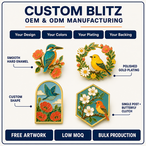 Ensemble de broches en émail dur personnalisées Bloom and Bird, plaqué or poli, motifs floraux colorés, broches de revers en métal, logo personnalisé, souvenir - Product Image 4