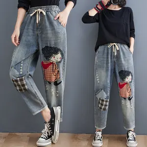 Quần Harem Denim rách miếng vá thêu dây buộc eo co giãn quần lửng dáng rộng mùa thu cho nữ