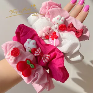 Tracy & Herry Kids Hair Accessories Pink Cartoon Romantic Rose Rabbit Large Colon Scrunchie Sweet Girl Heart Hair Tie