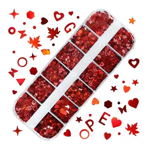 12 grid Valentine cinta hati DIY perlengkapan seni kuku Glitter daun merah huruf dekorasi kuku payet