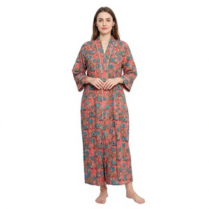 Bata Larga de Algodón con Estampado Floral para Mujer, Cuello en V, Manga Tres Cuartos, Cierre con Cinturón, Secado Rápido, Suave, Ropa de Dormir Informal - Product Image 1