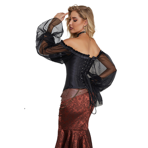 Off Shoulder Gothic Corselet Overbust Corset <strong>Black</strong> Sheer Long Sleeve Bustier <strong>Top</strong> Korset <strong>Basques</strong> Shirt - Product Image 6