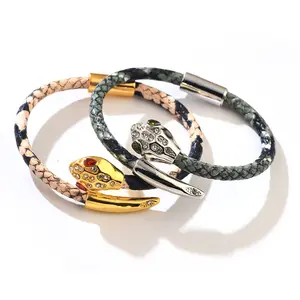 Bracelet en cuir imprimé diamant pour hommes et femmes, de haute qualité, en tête de serpent, Python,
