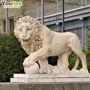 Giardino a grandezza naturale in marmo pietra scolpita statue di leone con palla - Product Image 4