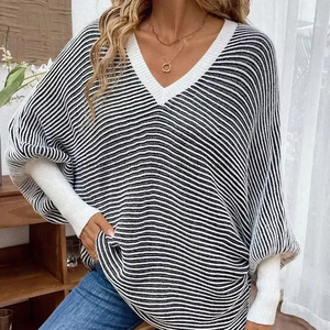 Women's Fall/Winter New Arrival Loose-Fit Knit Striped V-Neck Batwing Sleeve Patchwork <b>Pullover</b> <b>Sweater</b> Fashion - Product Image 2