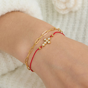 Stainless Steel Rhinestone Cross <b>Red</b> Rope <b>Bracelet</b> Set For Women Gift Jewelry - Product Image 2