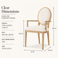 Fauteuil de salle à manger rembourré de style français moderne avec dossier ovale rond, structure en chêne blanc américain massif, accoudoirs ouverts pour salles à manger domestiques