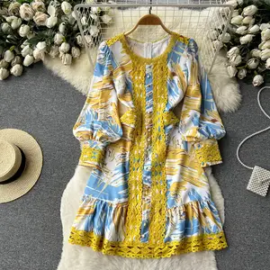 2023 Elegant Floral Dress New Style Women Prints Exquisite Embroidery Long Sleeve Beige Pink Dress