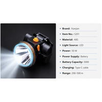 Linterna Frontal LED Recargable XJ-5201 de 50W, Impermeable, de ABS, con Carga Tipo-C, Alcance de 200-500m, Batería Dual de Litio, para Patrullaje y Camping