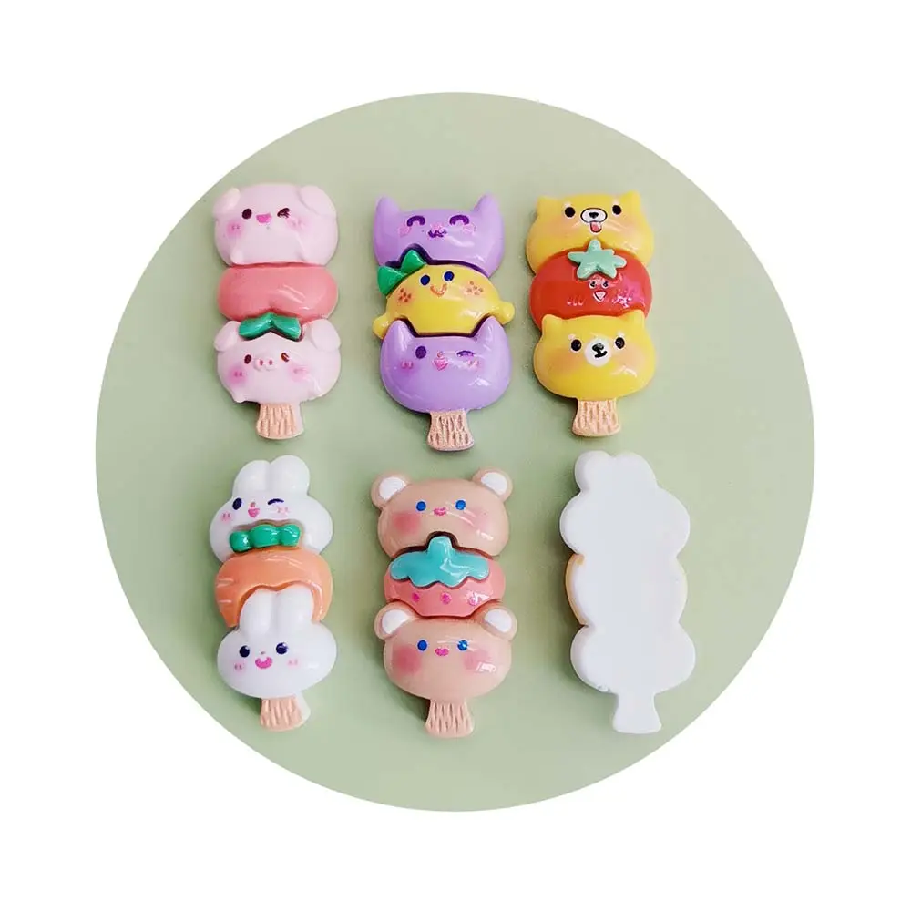 100Pcs Kawaii kartun hewan bertema boneka rumah mainan makanan 3D Bear Pig kelinci hewan pada tongkat Resin kerajinan untuk dekorasi DIY