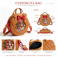 Sac à bandoulière rond festif en cuir végétalien avec motif Bonhomme de pain d'épices et épinglette en émail de Noël, nœud rouge, style Kawaii, cadeau pour fans