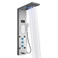 Panneau de douche mural multifonctionnel en acier inoxydable et céramique avec LED, robinets thermostatiques, effet pluie et massage, finition chromée