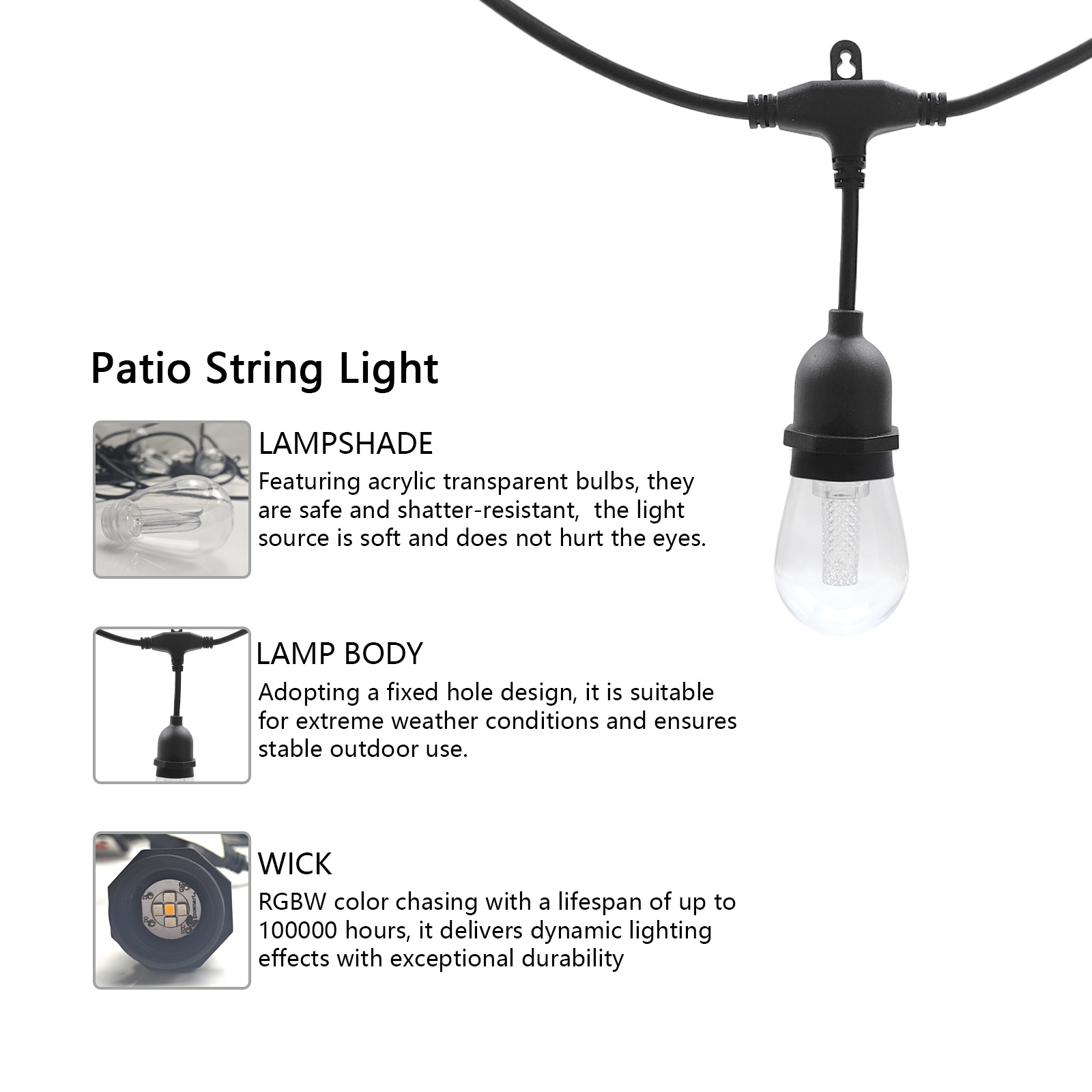 HRSYT IP65 Waterproof DC12V/DC24V RGBW String Bulb Light - Smart App Remote Control Outdoor Patio Ch