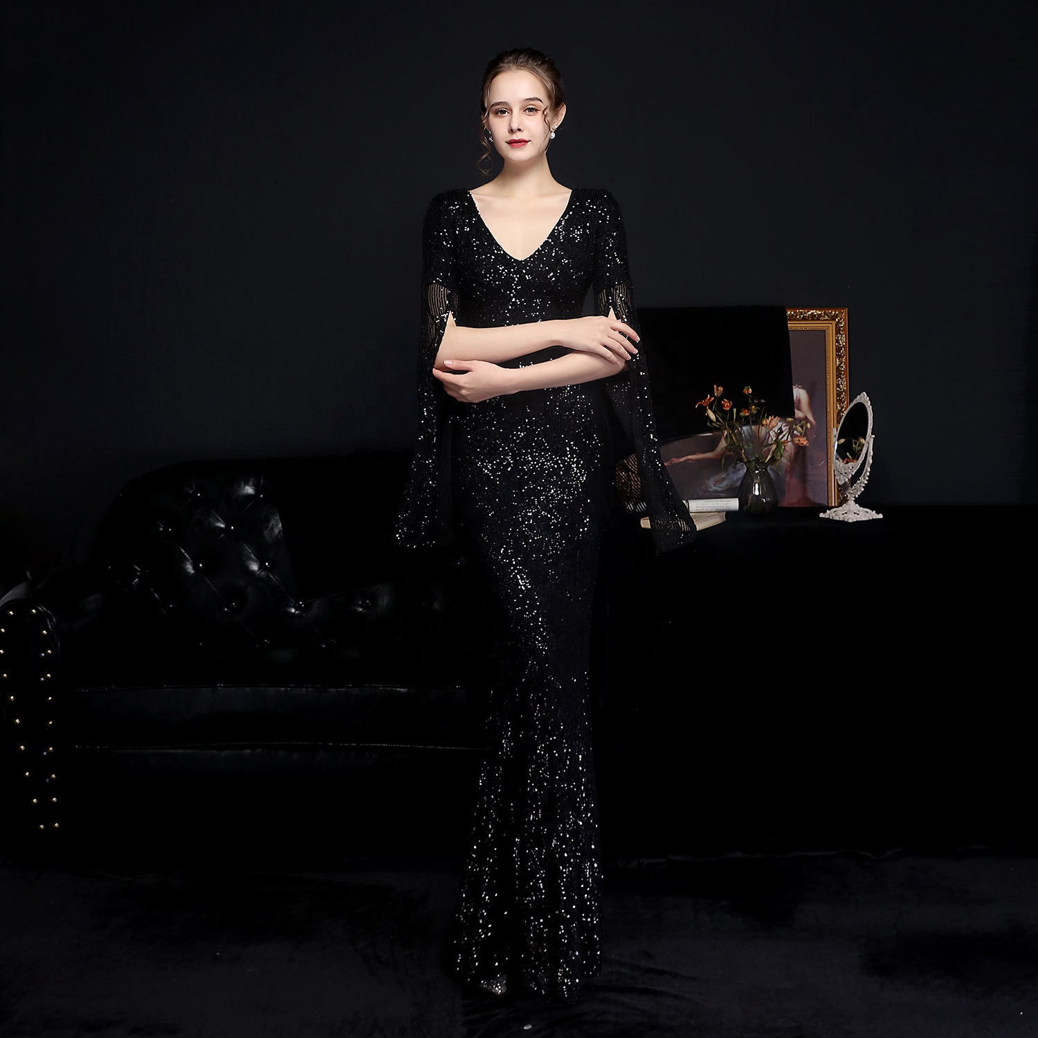 black and gold bridesmaid dresses Mismatched Navy Blue Elegant Mermaid Floor-length Dresses,  SposaBridal As Picture Gold Wedding Dress Dark Gold