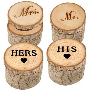 2020 nuevo diseño regalos de boda de alta calidad logotipo personalizado Hers & His caja de anillo de madera de forma redonda Natural para decoración de boda - Product Image 4
