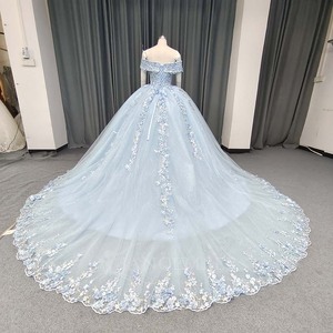 ANY249 Beautiful Blue Off Shoulder Appliqued Flower Evening Party Puffy Gowns Dress - Product Image 3