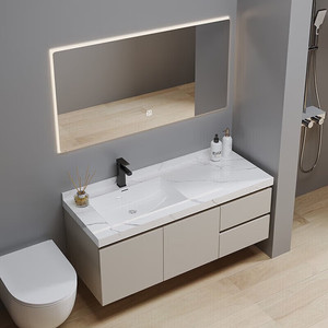 Mueble de baño moderno y sencillo de madera maciza con lavabo de cerámica de pizarra sin juntas, mueble de baño inteligente, lavabo. - Product Image 4