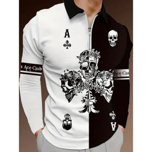 Camiseta Polo Personalizada con Estampado de Calavera en Blanco y Negro, Estilo Urbano, Holgada, Transpirable, con Cierre de Cremallera y Solapa - Product Image 1