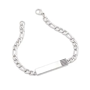 Gemnel New Arrival 925 Sterling Silver Jewelry Men Engravable Roman Numeral Figaro Chain Bar Bracelet