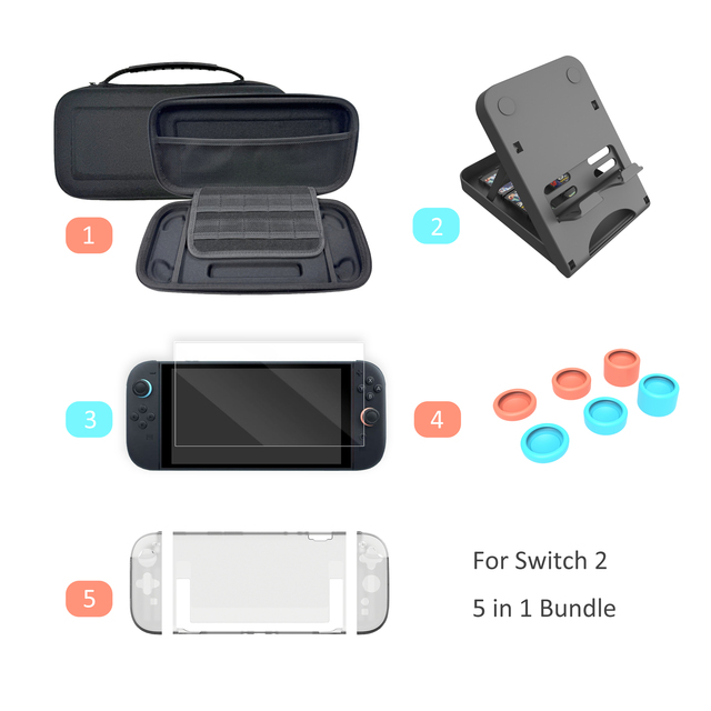 Aomiou 5 in 1 Bundle Game Accessories Protective Carry Case for Nintendo Switch 2 Stand Shell Case Switch 2 Tempered Film Glass
