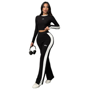 Conjunto Deportivo para Mujer, Top Corto de Manga Larga con Franja Lateral y Pantalones Anchos, Ropa Deportiva Ligera para Primavera y Otoño - Product Image 5