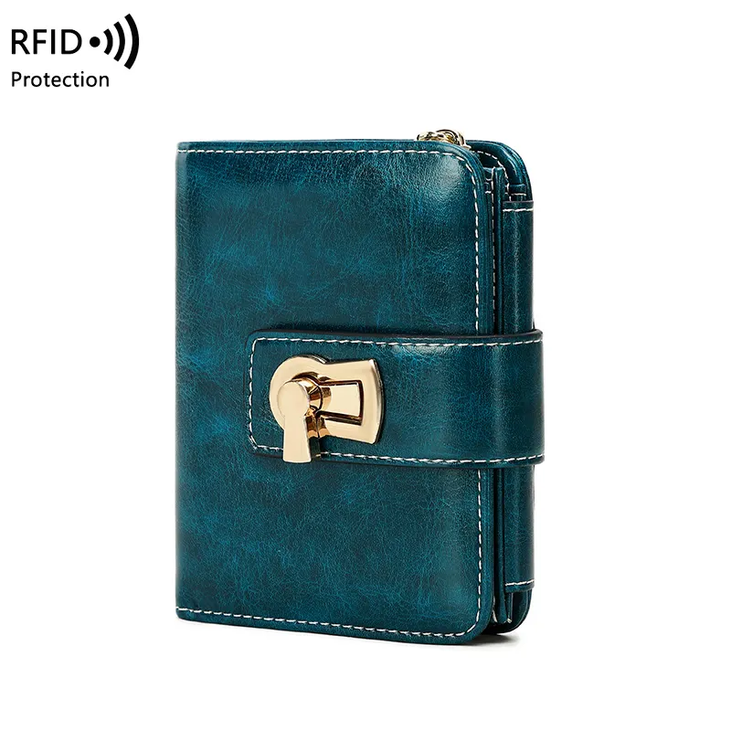 RFID Blocking Fashion Vintage Short PurseType Women Zipper Coins Pocket Wallet Cards Holder Wallet
